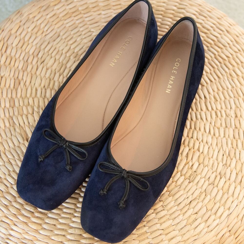 Cole Haan Classic Ballerina Flats Navy Suede Square Toe Size 9B Leather Liningng - Picture 3 of 10